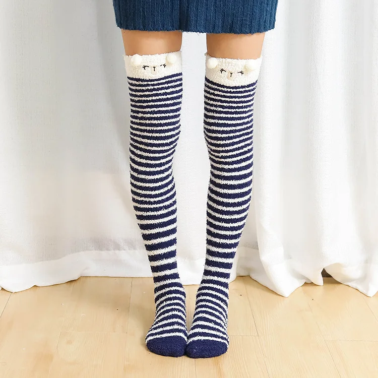 

Wholesale 3d cartoon animal design winter warm over knee cozy women fuzzy thing high custom embroidery socks, As pic