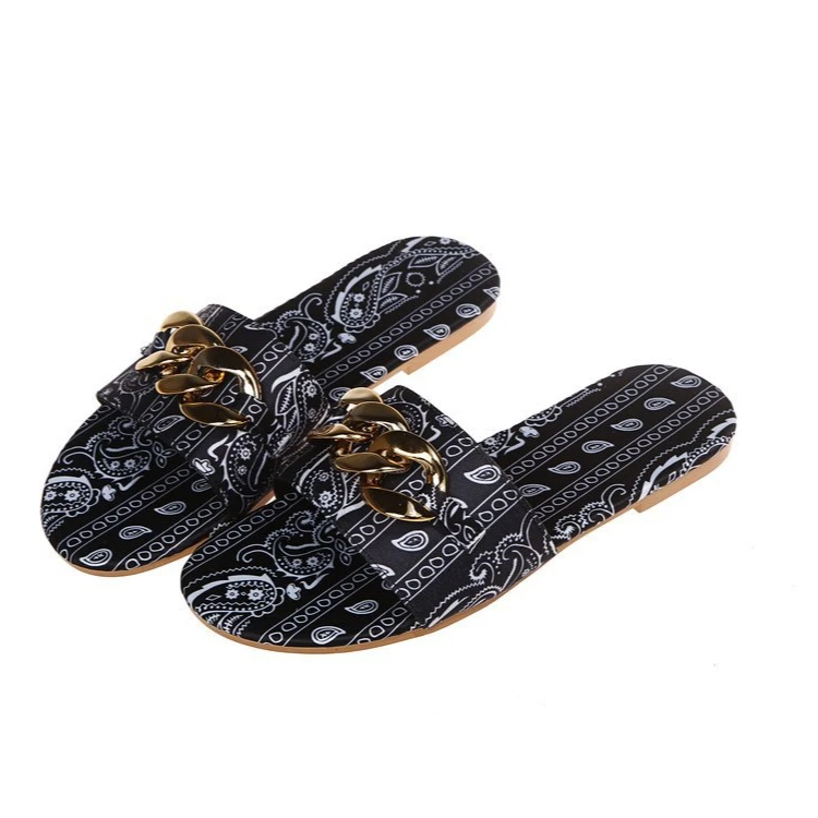 

2021 new European and American leisure metal chain fashion women's sandals a word to rely on people shoes beach shoes, Picture