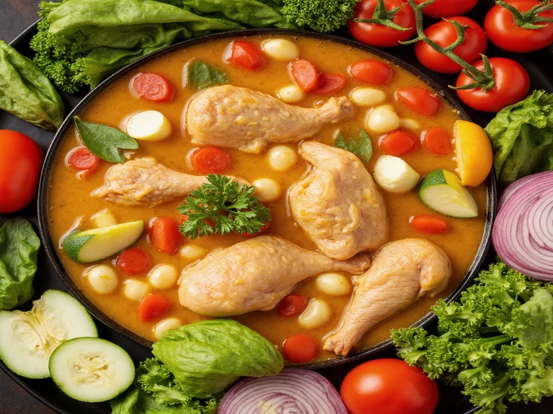 Fresh vegetables and chicken arranged for crockpot soup