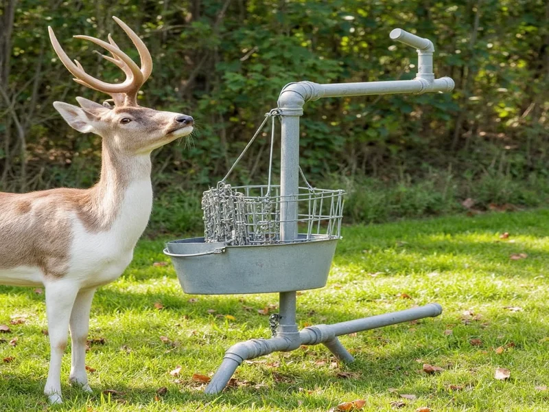 Homemade deer feeder construction with PVC pipes and bucket