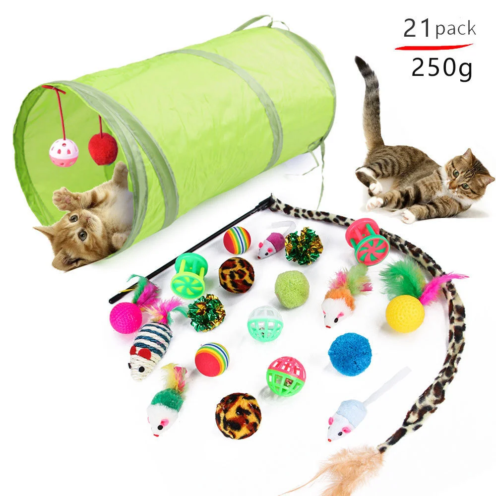 

Retractable Tunnel Cat Toy Wand Cat Toy Set Mouse Teaser Feather Pet Cat Toy, As picture