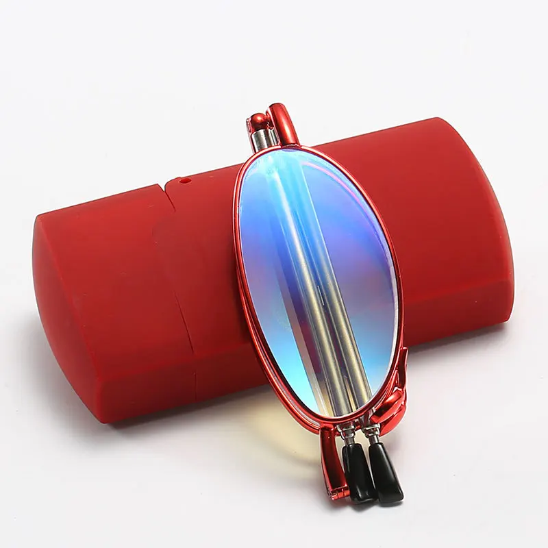 

Hot Sale Folding Reading Glasses Women Men Metal Foldable Small Size With Case Red Silver Anti Blue Light