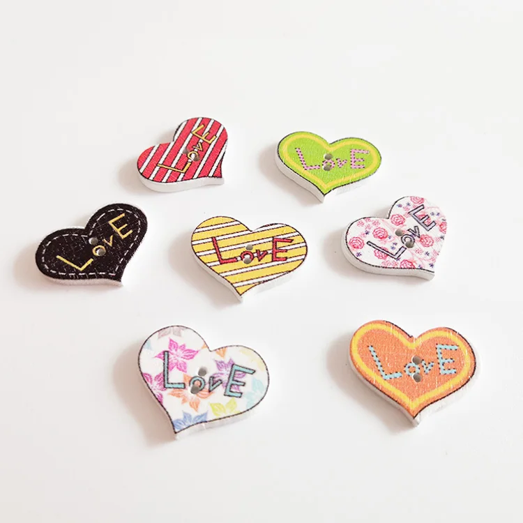 new design cute two hole decorative love printed wood heart buttons for diy craft