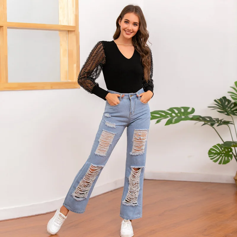 

WW-1072 Sexy Slit Hollow Out Button Cowboy Pants Women Denim Trousers Casual, Customized color