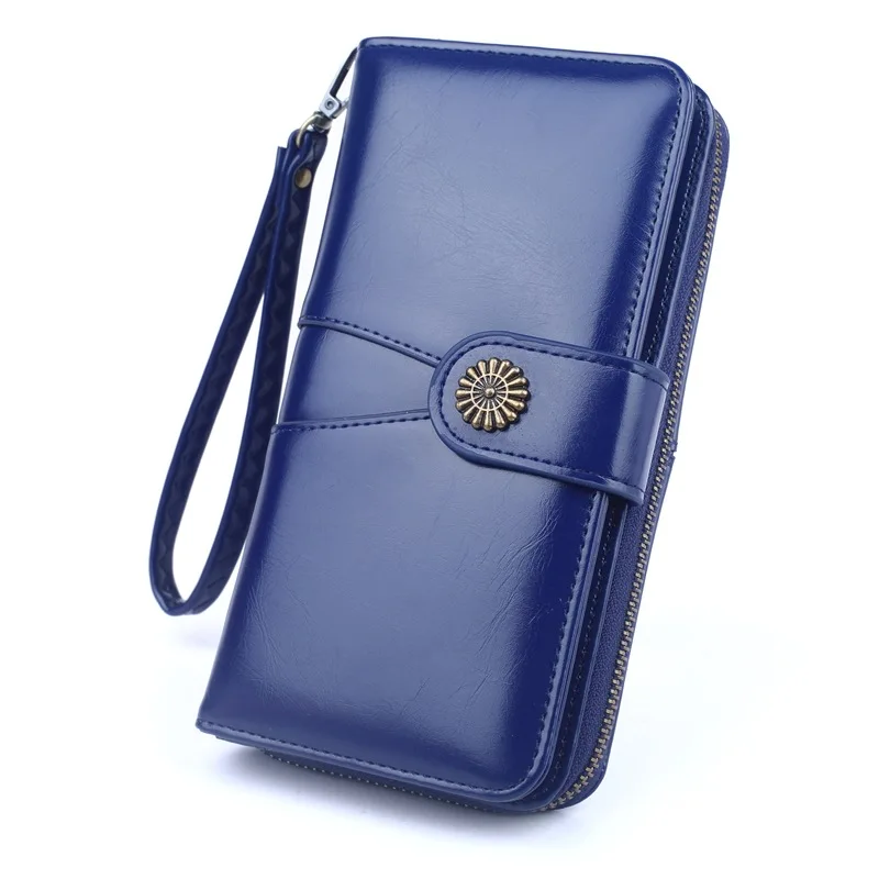 

2021 Women Vintage Long Wallet Greased PU Leather Lady Zipper Phone Pocket Purse Female Luxury Clutch Money Bag