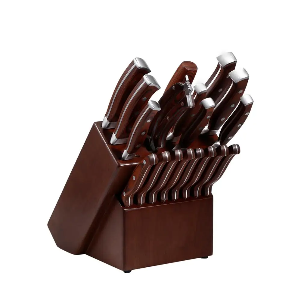 

AH01-2 19pcs stainless steel Pakka wood handle wooden block kitchen knife set, Brown handle