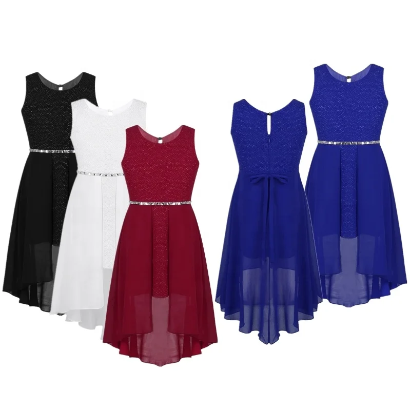 

Kids Girls Sleeveless Sparkly Rhinestone Waist High-low Hem Birthday Formal Party Dress