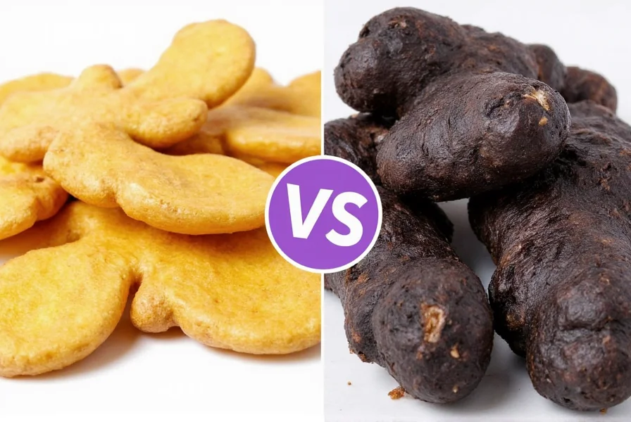 Side-by-side comparison of fresh regular ginger rhizomes with pale yellow flesh next to dried black ginger rhizomes showing distinctive dark purple-black coloration