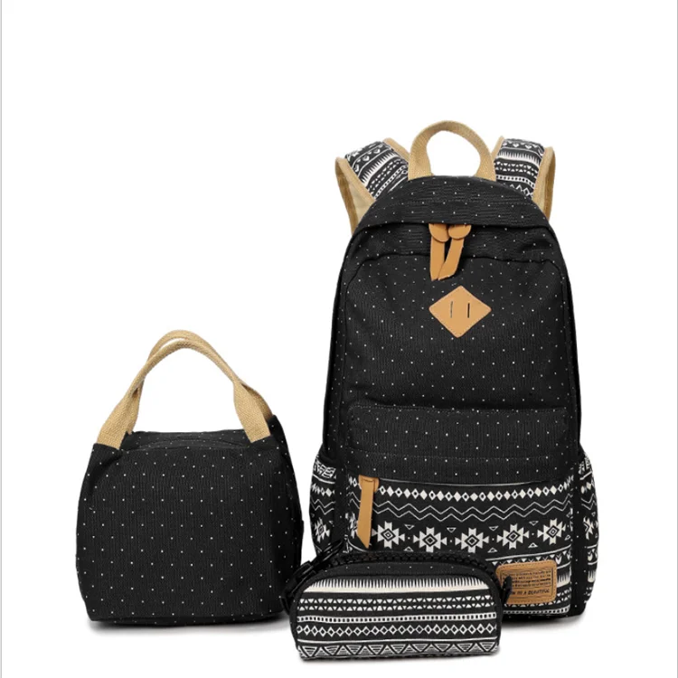 

Large capacity multi functional wave dot canvas student backpack with lunch box