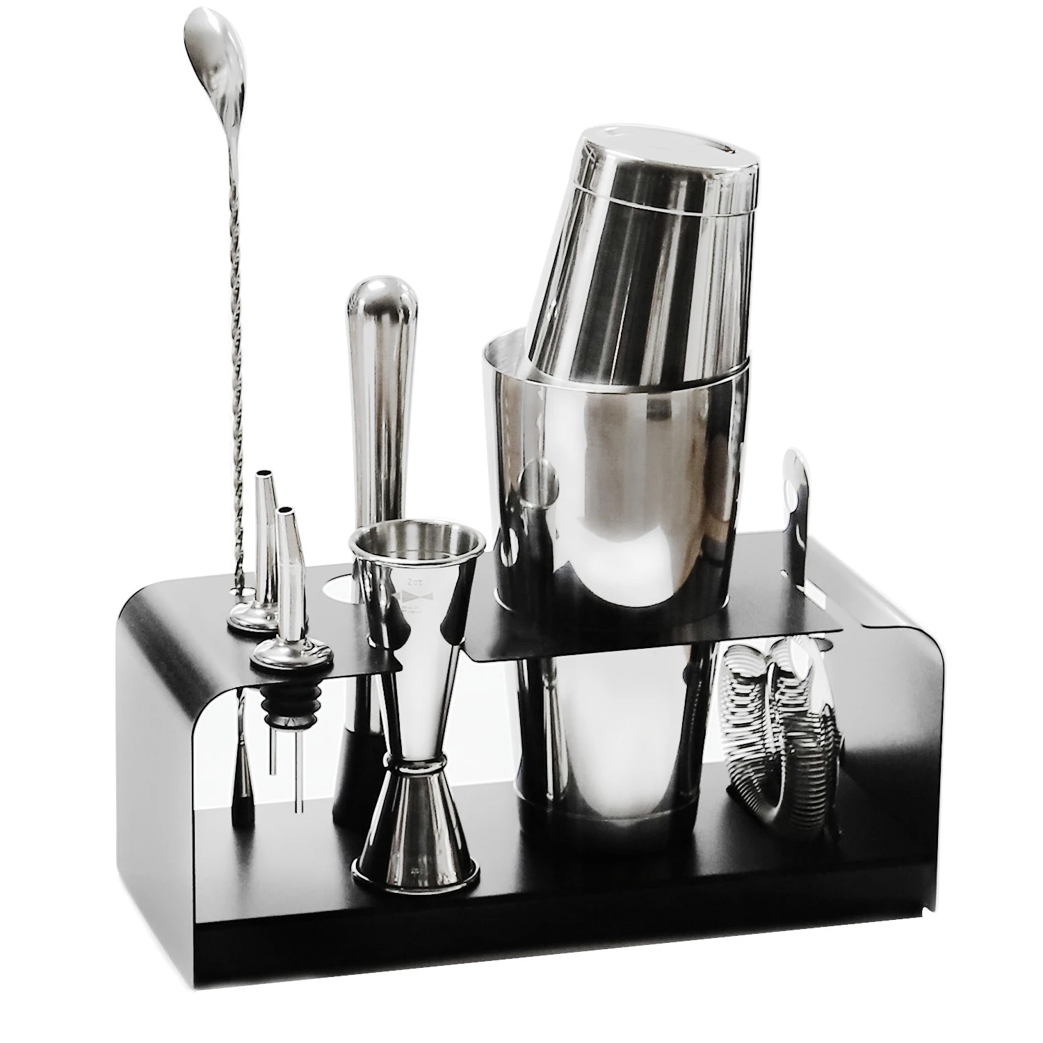 

Wholesale 8 piece Stainless Steel Boston Cocktail Shaker Set With Stand, Silver mirror finished