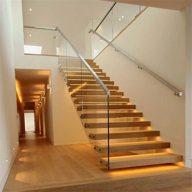 Modern Design High Quality Wood Tread Double Beam Straight Staircase