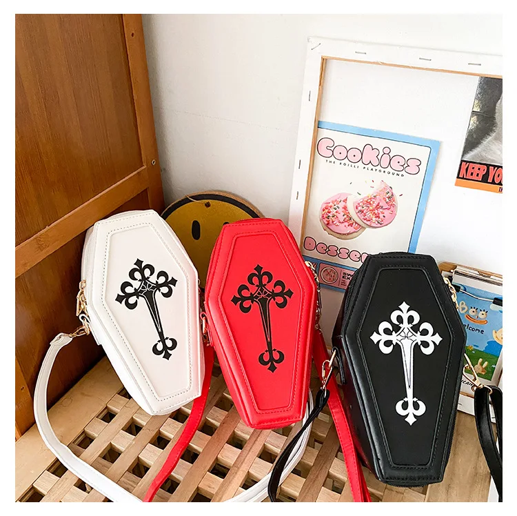 

Fashion retro dark crucifix character purses Y2K Hip-hop coffin shape PU leather ladies handbags
