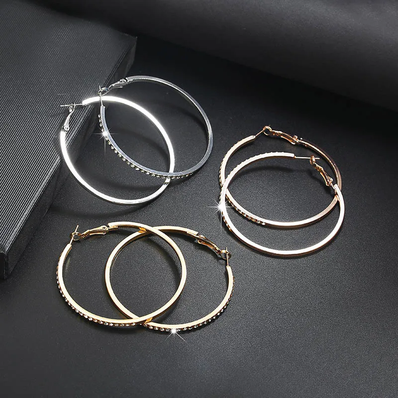

Fashion Cheap Gold Silver 10mm -80mm Stainless Steel Big Circle Hoop Rhinestone Dangle Earrings Women Jewelry, Customized color