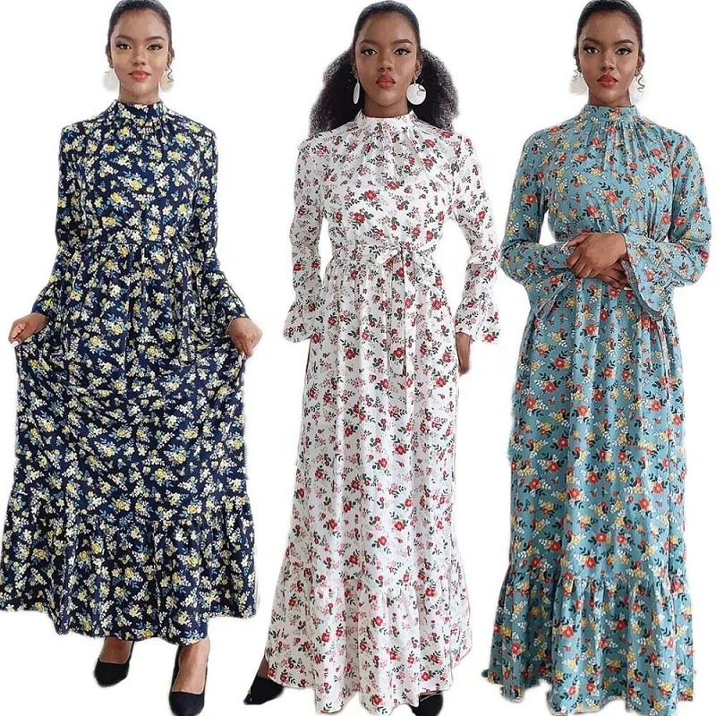 

Muslim Abaya women floral printed long dress Arab flare sleeve maxi dress Islamic Dubai casual Abaya, White, navy, green