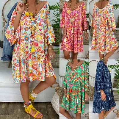 

Women Boho Summer Floral Long Sleeve V-Neck Mini Holiday Beach Dress Coldker, As shown