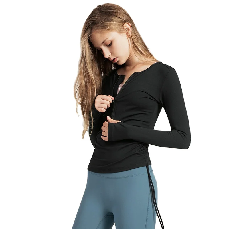 

European and American drawstring yoga clothes tops casual slim quick-drying running zipper sports fitness clothe slong sleeves