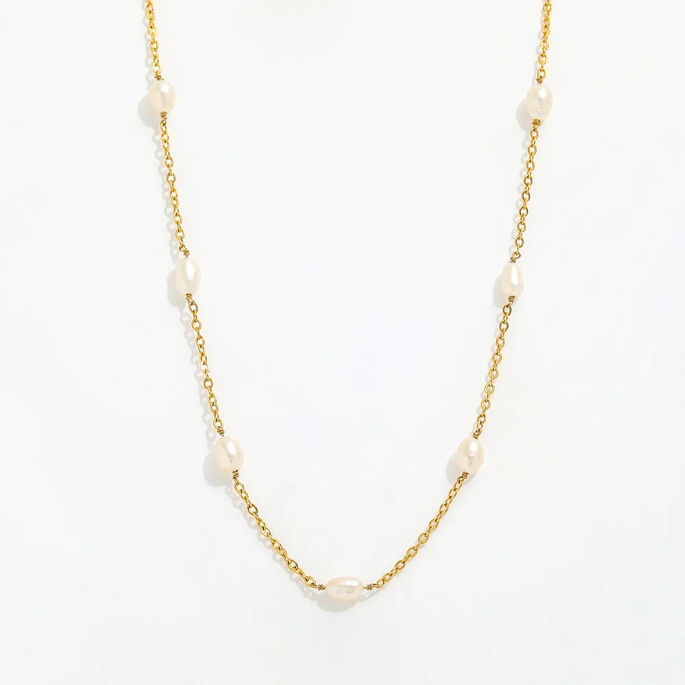 Joolim Jewelry 18K Gold Plated Fresh Water Pearl Satellite Dainty Chain Necklace Stainless Steel Jewelry Wholesale