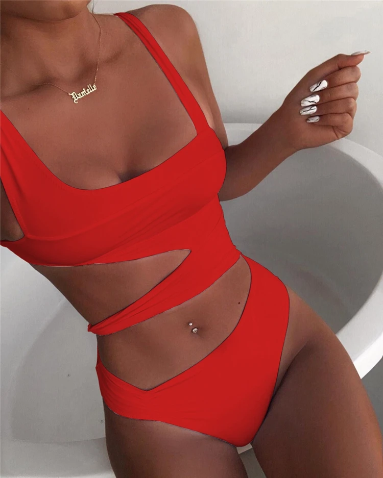 

Wholesale Swimwear 2019 Ladies Cut Out One Piece Red Swimwear