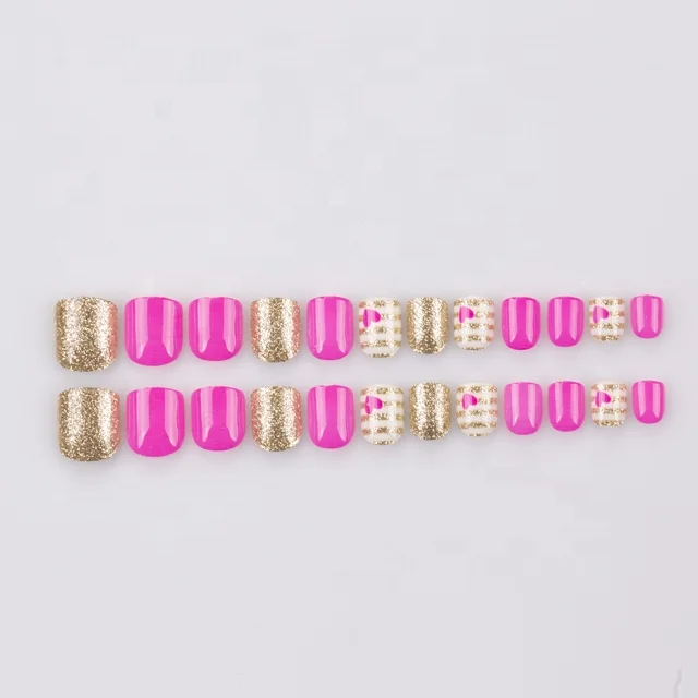 

DIY False Nail Art Pre-designed Children Kids Press On Nail, Pink &gloden