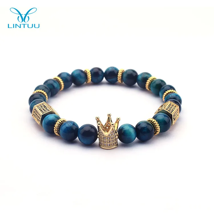 

2019 Whosale High Quality Handmade Natural blue Tiger Eye Stone Bead Gold Plated Crown Bracelet pulsera de oro For Men