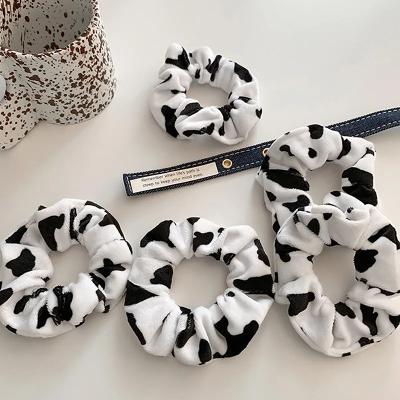 

New cow pattern velvet scrunchies wholesale black white elastic hair scrunchies plush hair ties for women