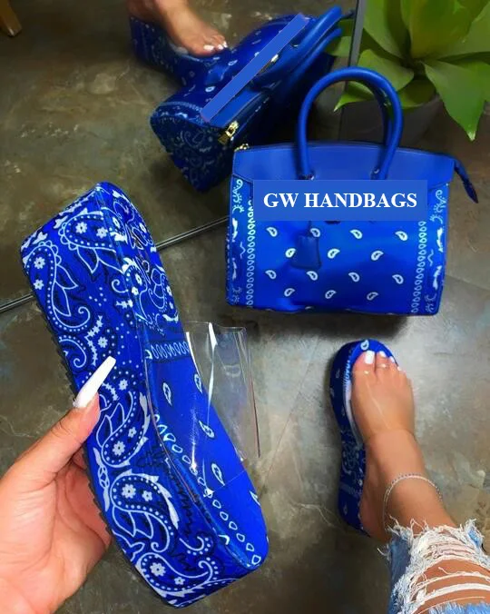 

2021 summer women transparent platform sandals matching printed handbags purses sets stylish sandals and purses sets
