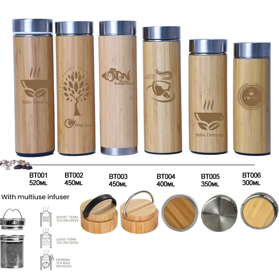 

16oz 18oz custom double wall stainless steel insulated water bottles Bamboo coffee travel tumblers mugs with tea infuser lid, Natural bamboo color