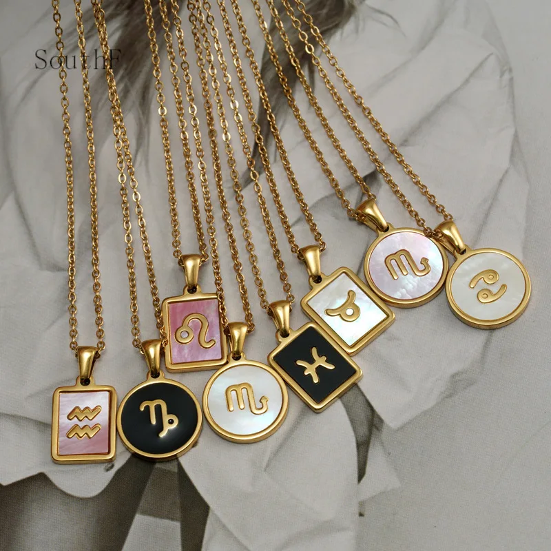

Waterproof Jewelry 18K Gold PVD Stainless Steel Black White Pink Shell Round Square 12 Zodiac Signs Pendant Necklace For Women