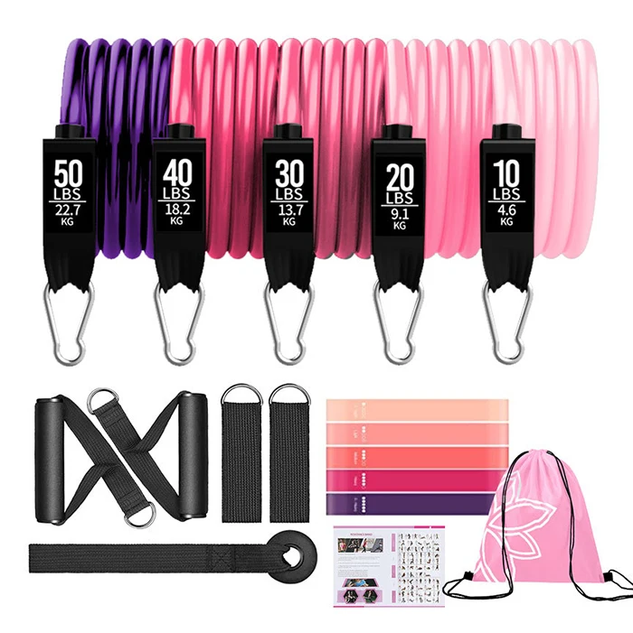 

11 pcs fashion wholesale women hot sale home fitness bands resistance customized sports tubing resistance bands set, Pink