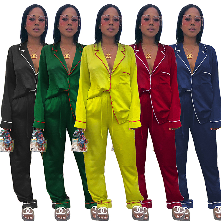 
Summer Fashion V neck Women sleepwear Long Sleeve Loungewear Two Piece Pajamas 