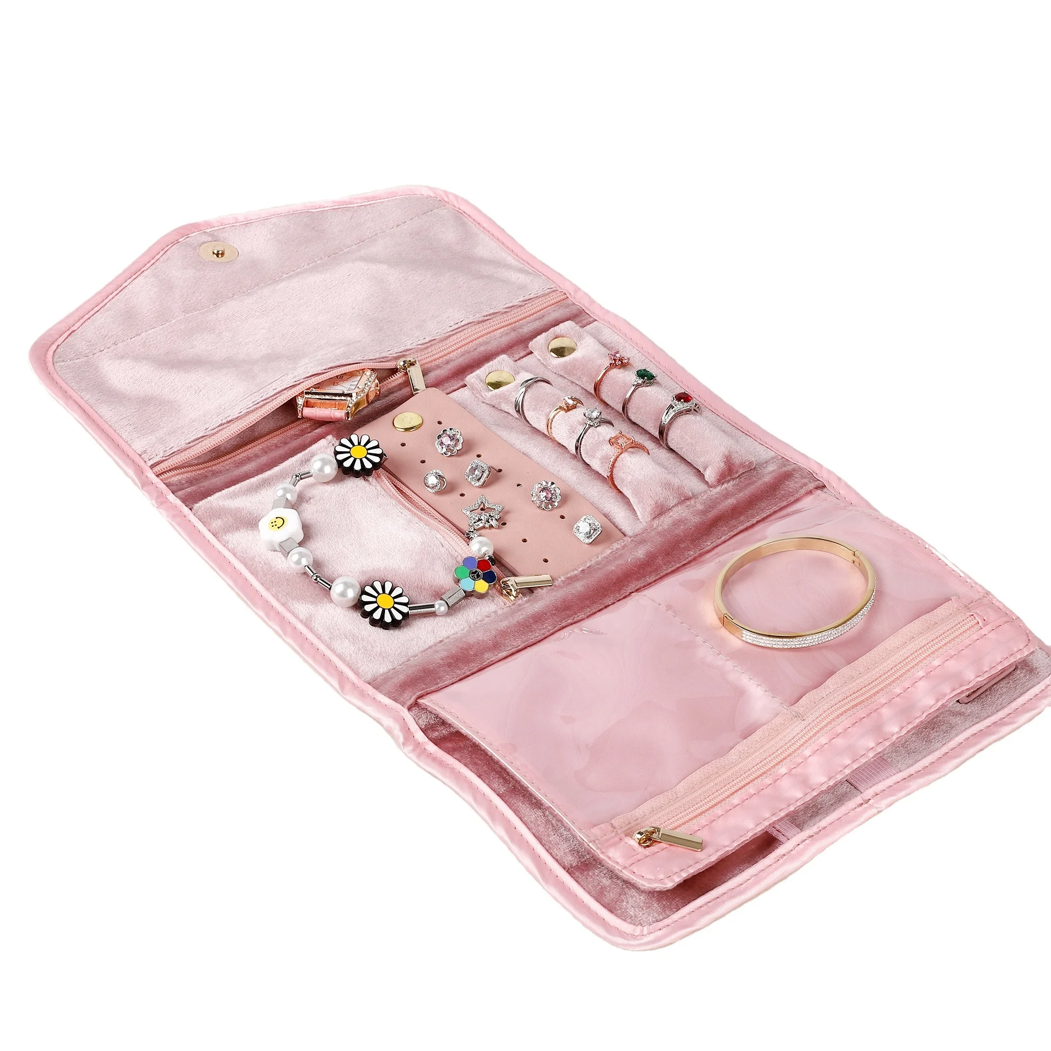 

Compact Travel fabric velvet jewelry box Roll Foldable jewelry organizer bag for Journey-Rings Necklaces Bracelets Earrings