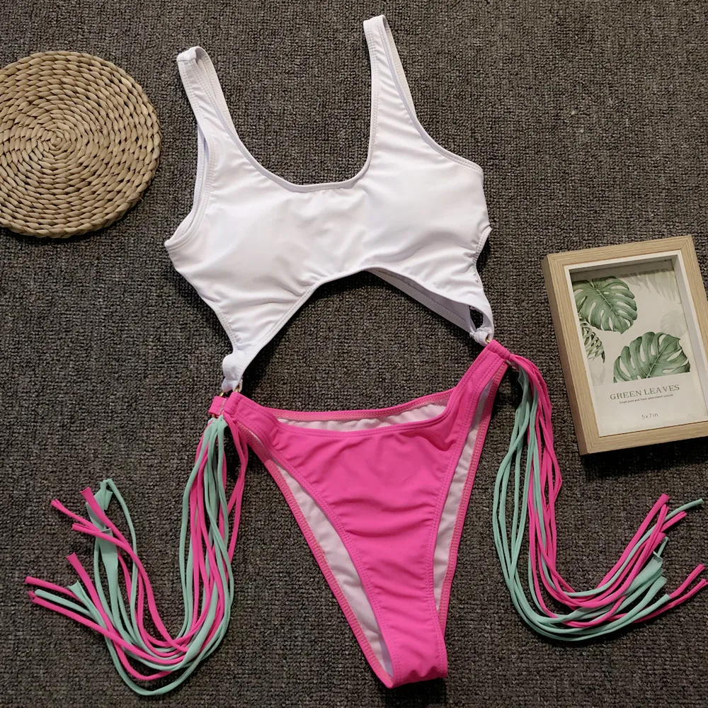 

Girl Swimsuit Tassels Monokini Sexy Pink Halter Cut Out Bandage Trikini Swim Beach Bathing Suit, As picture