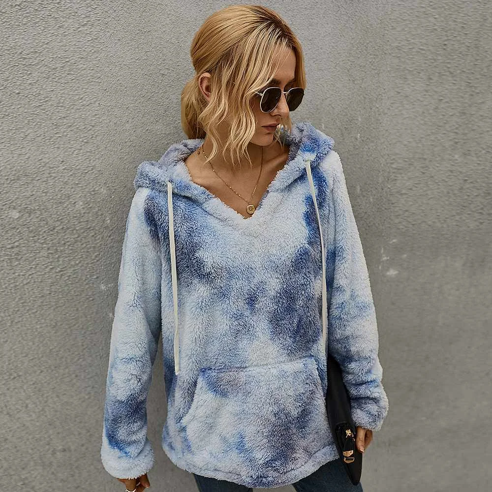 

Winter Fashion Thick Women Faux Fur Pull Over Hoodie Fluffy Tye Dye Hoodies For Girls, 6 colors
