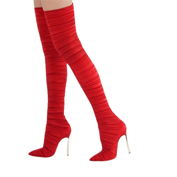 

Amazon AliExpress Hot Selling Women's Boots Plus Size Candy Color High Heel Pleated Stretch Over The Knee Female Boot