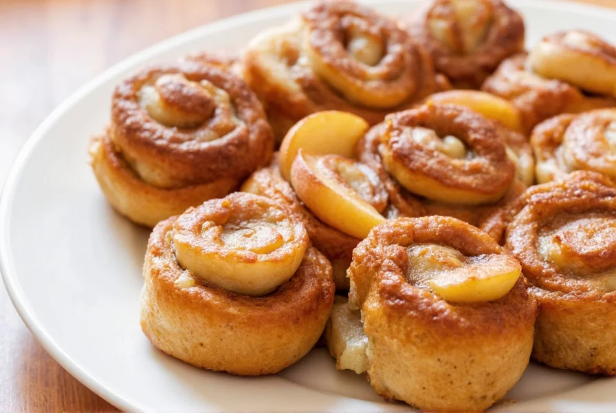 Perfectly baked apple cinnamon buns with golden crust and visible apple slices on wooden cutting board