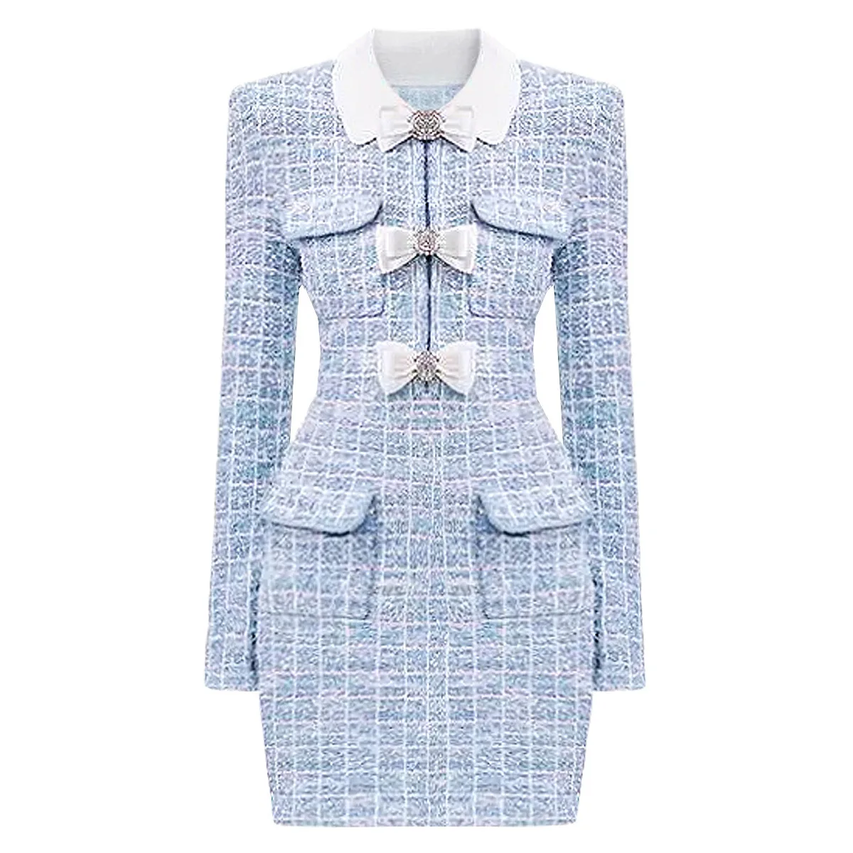 Long Sleeve Knitted Mini Dress Satin Bow