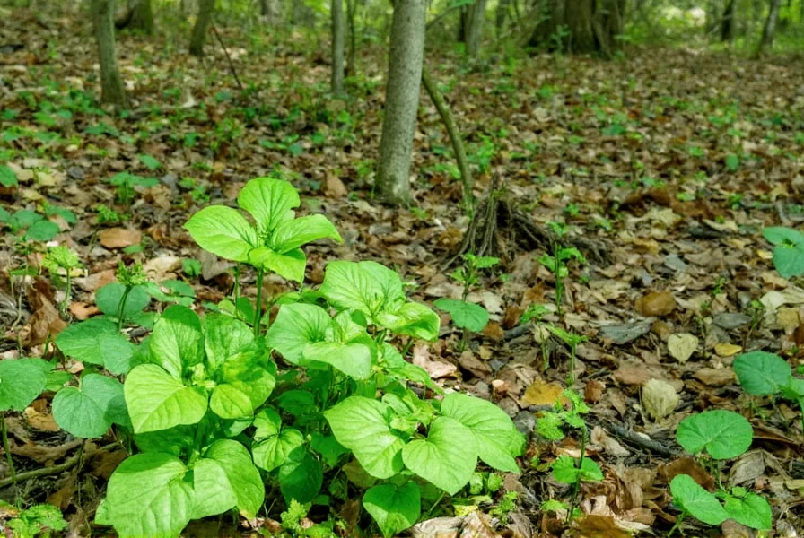 Wild Ginger III growing naturally in woodland setting with companion plants