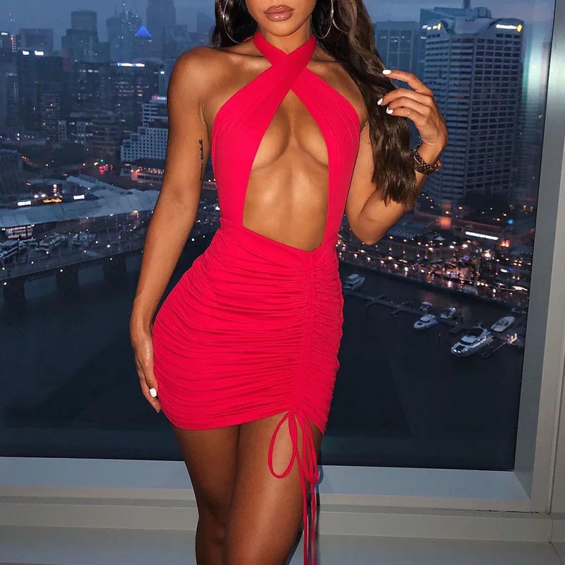 

2021 Sexy Criss Cross Neck With Tie Up Mini Dress Hollow Out Halter Dress Party Club Dresses Bodycon Vestidos Summer Wears