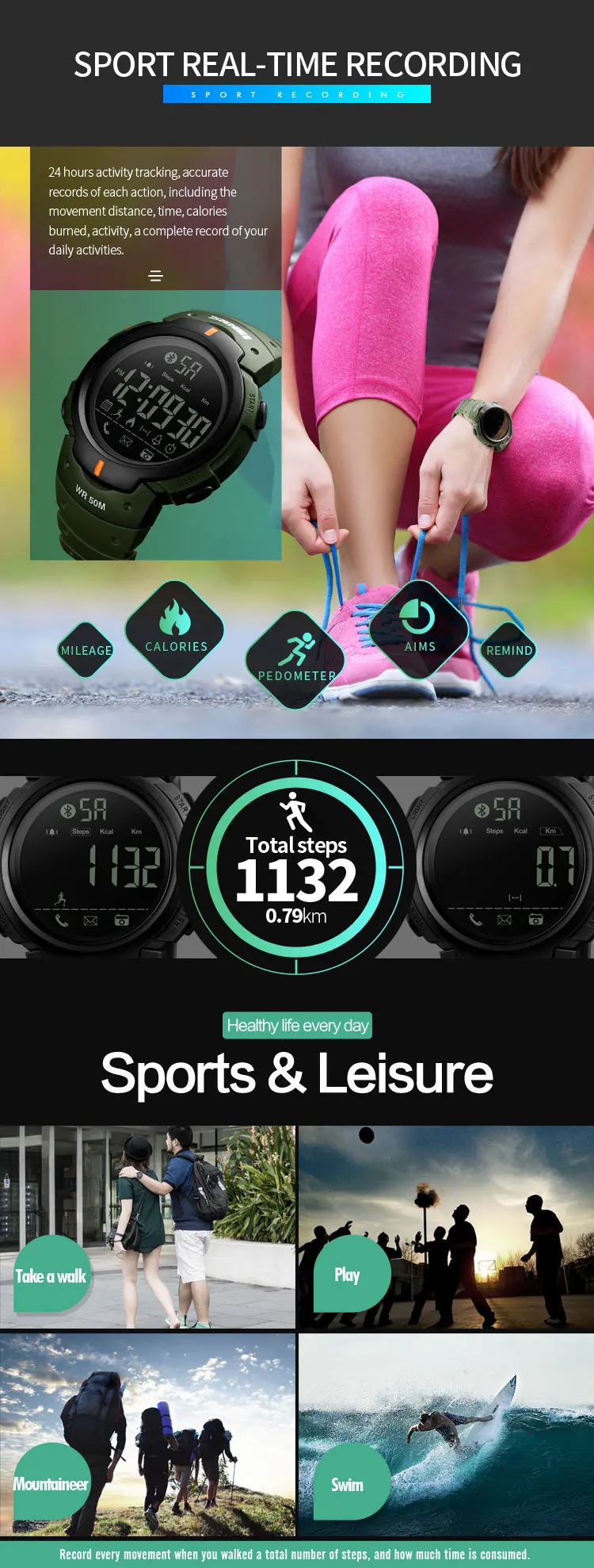 Top Fashion Skmei Bluetooth Men Sport Digital Wrist Watch Waterproof Reminder IOS Android Calorie Pedometer Fitness Smartwatch