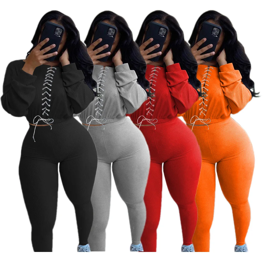 

S6828 high quality knit Pants And Top Casual Long Sleeve Women Two Piece Outfits