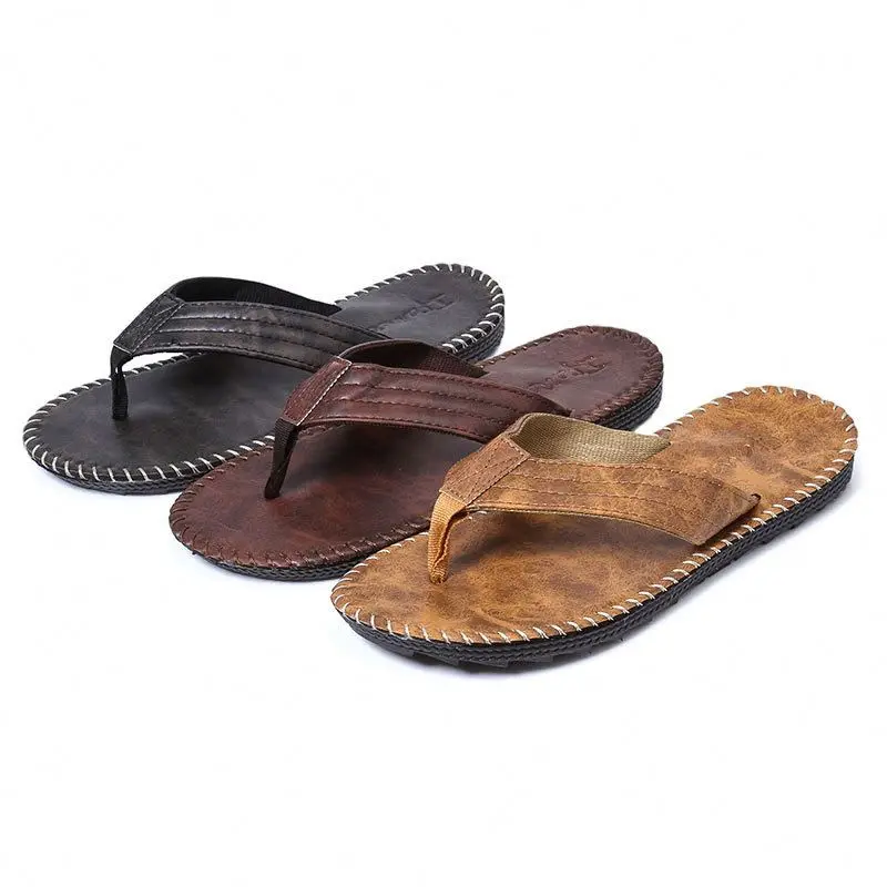 

European And American Fashion Men's Flip Flops Summer Pu Leather Slippers Non-Slip Thick-Soled Flat-Heel Beach Male Flip-Flops