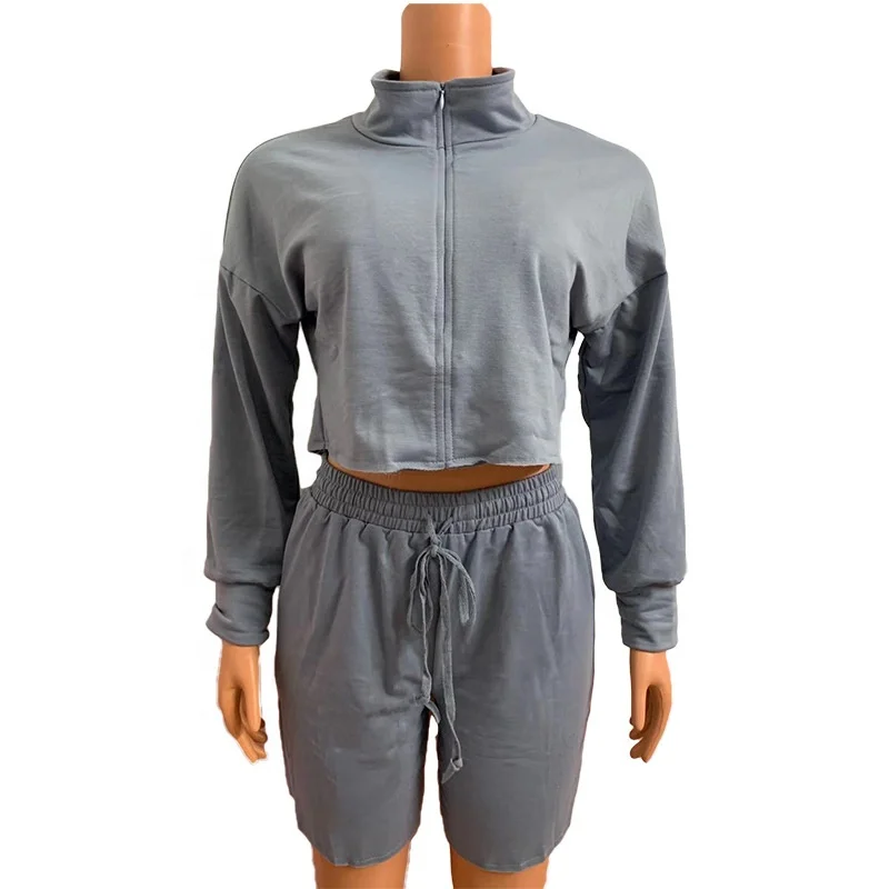 

New Arrival Sweat Shorts Solid Color Women Two Piece Jogger Hoodie Set, Gray, black, coffee, beige