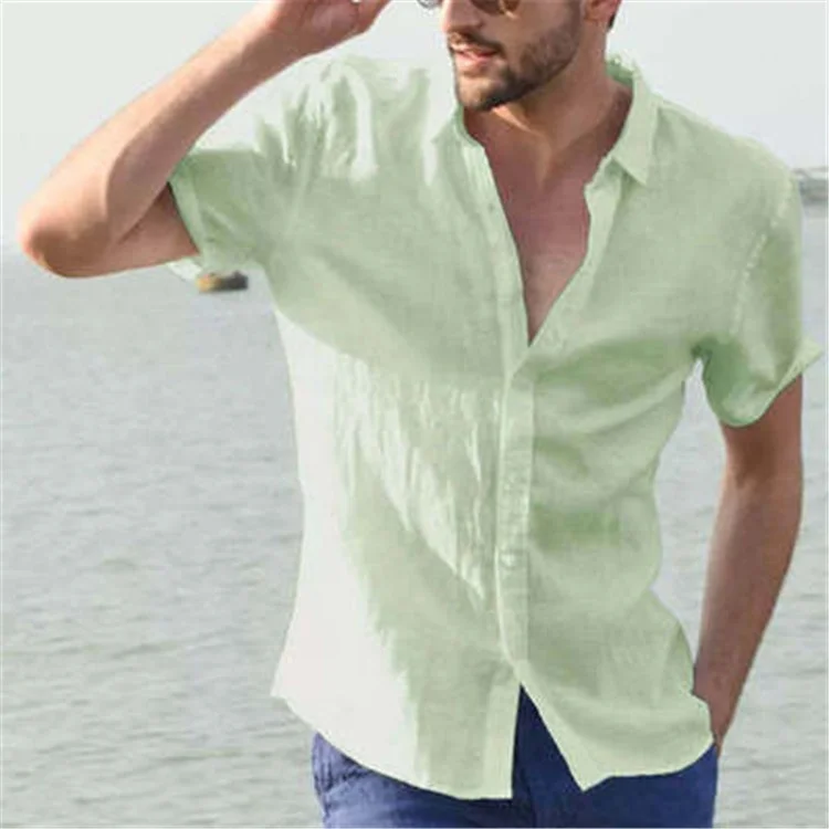 

Hot Sale Men's Solid Color Shirts Short Sleeve Lapel Pullover Shirt, Picture shows