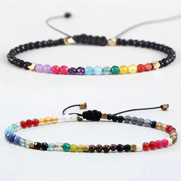 

2021 Trending 3mm natural gemstone braided couple chakras pulsera 12 zodiac lucky bracelet, 2 colors