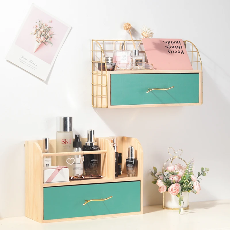 

Cosmetic storage rack bedroom dressing table desktop shelf can be wall-mounted creative simple drawer storage box, Golden