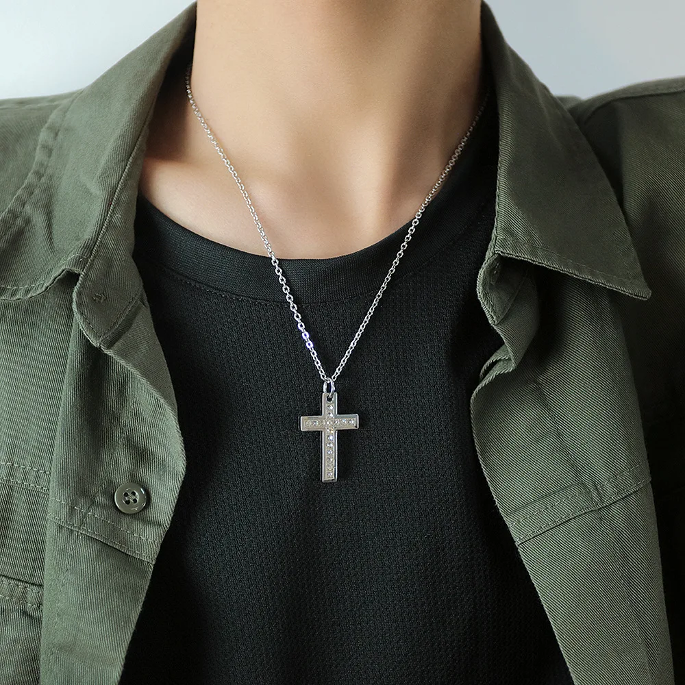 

Men Hips Hops Jewelry 316L Stainless Steel Cubic Zirconia Cross Pendant Necklace