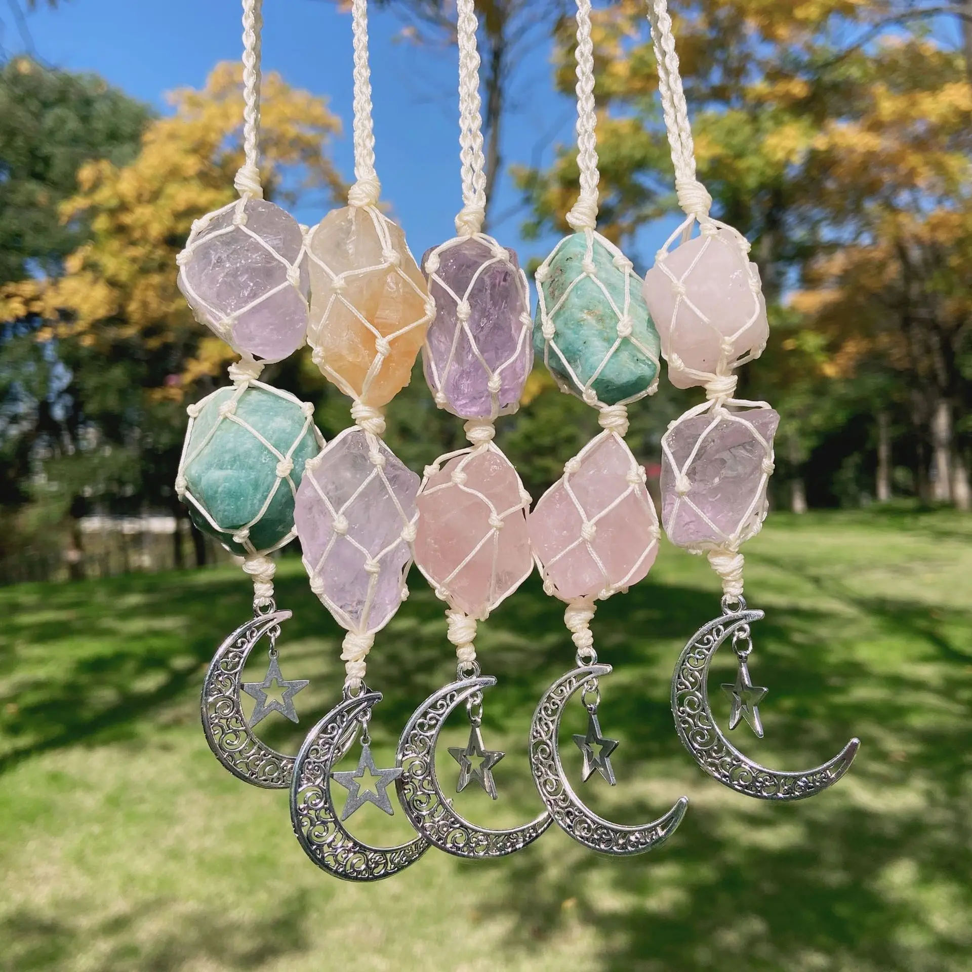 

Colorful Handmade double Natural raw stone Hanging Car Ornament Decor Home Indoor Decoration Ornaments with moon star pendant