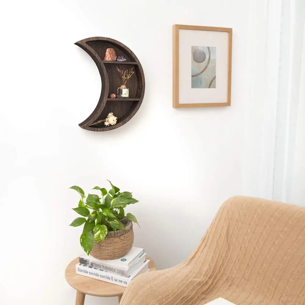 
Wall Mounted Moon Shelf Wooden Floating Shelves Hanging Storage Display Shelf Wall Decor for Living Room Bedroom 