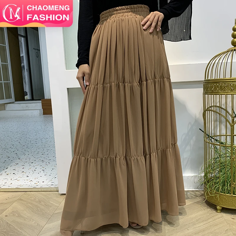 

3048# 12 Colors Solid Modest Muslim Long Maxi Chiffon Skirts Pleated Flared Latest Casual Islamic Women Wear Clothing