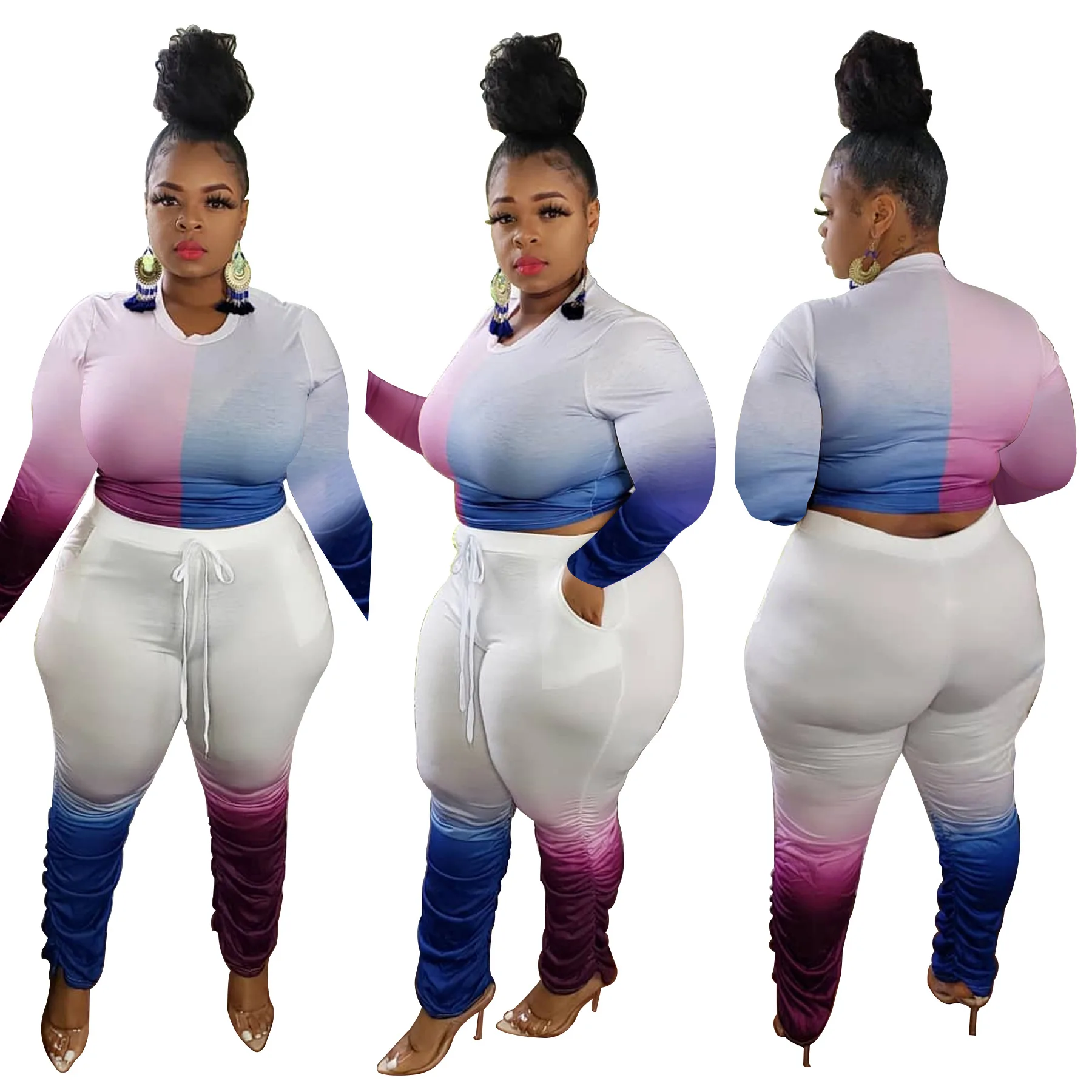 

Plus size women clothing fashion gradient color pleated foot pants fall plus size jogger tracksuit crop-top and stack pants set, Pink and blue